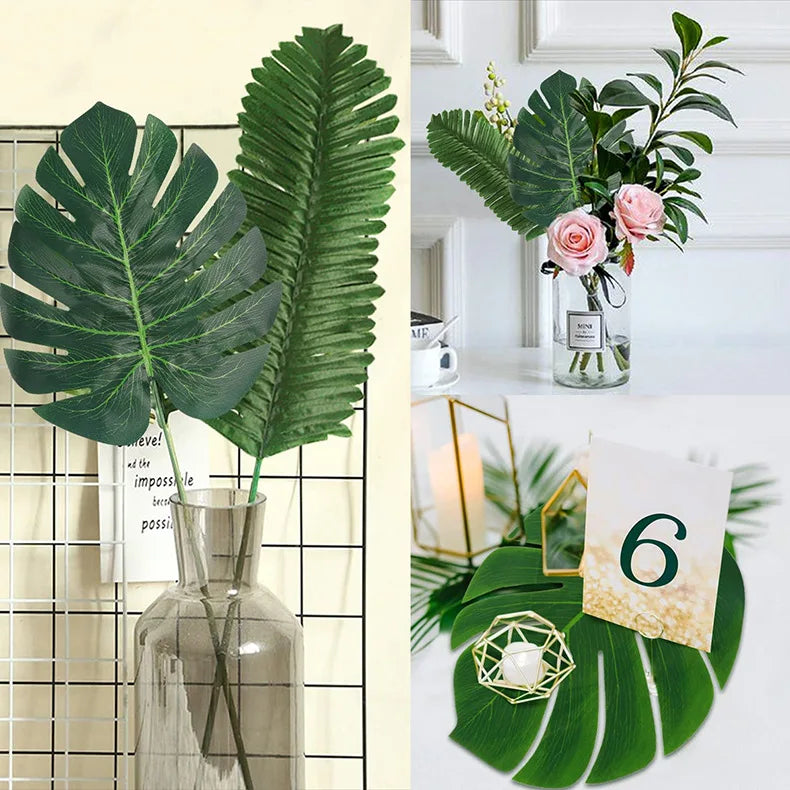 10 Pcs Artificial Plants Tropical Palm Leaves Hawaii Luau Summer Party Jungle Safari Birthday Party Wedding Decor Fake Plants