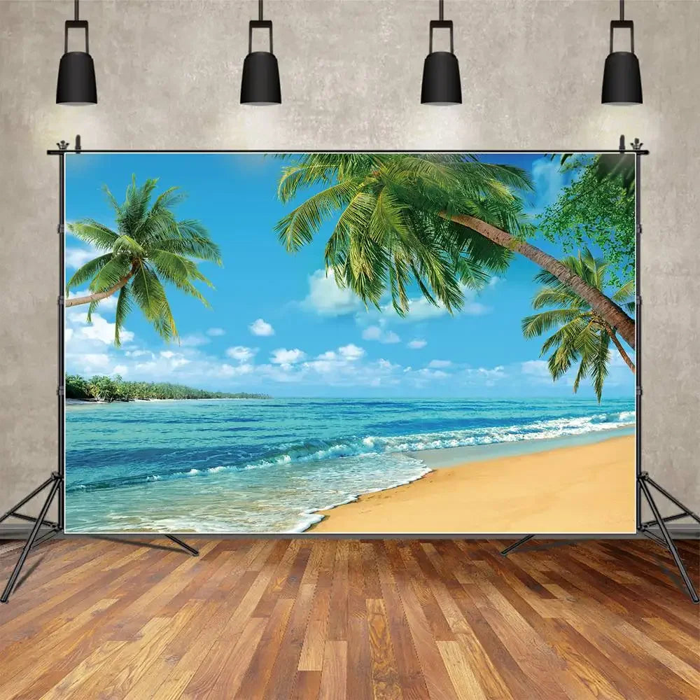 BLUE OCEAN Beach Backdrop Sunset Tropical Palm Tree Wave Sand Photo Background Summer Holiday Party Photography Props