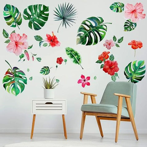 HIBISCUS FLOWER - Tropical Hibiscus Flower Palm Leaves Wall Sticker Living Room Bedroom Plants Fresh Leaves Wall Decal Bathroom Office Nursery