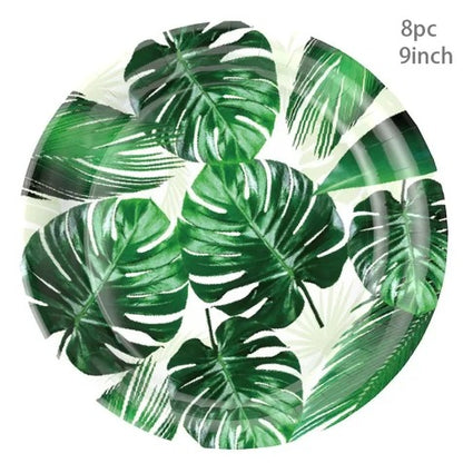 8Guests Hawaii Turtle Leaves Disposable Tableware Green Tropical Plants Paper Plates Cups Happy Hawaiian Birthday Party Supplies