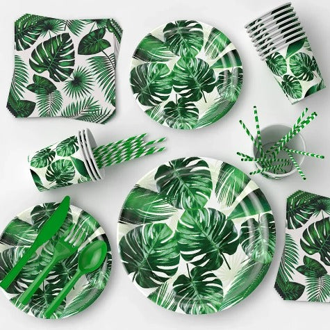 8Guests Hawaii Turtle Leaves Disposable Tableware Green Tropical Plants Paper Plates Cups Happy Hawaiian Birthday Party Supplies