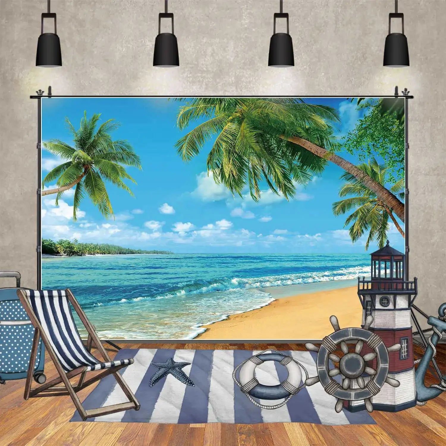 BLUE OCEAN Beach Backdrop Sunset Tropical Palm Tree Wave Sand Photo Background Summer Holiday Party Photography Props