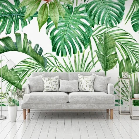 GREEN LEAVES - Custom Size Photo Wallpaper 3D Hand Painted Green Leaves Pattern Wall Mural Sticker Living Room Bedroom TV Background Home Decor