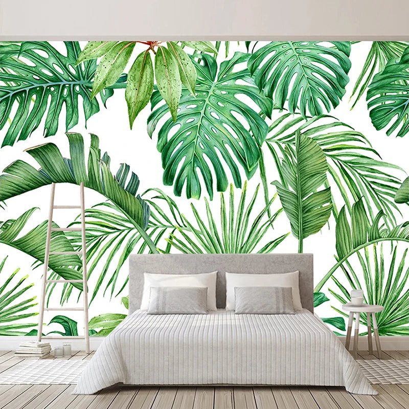 Custom Size Photo Wallpaper 3D Hand Painted Green Leaves Pattern Wall Mural Sticker Living Room Bedroom TV Background Home Decor