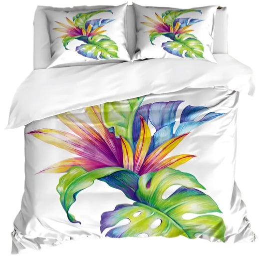 Palm Leaves Comforter Cover Duvet Cover Tropical Leaves Bedding Set Quilt Cover for Men Women, White 3 Pcs Queen King Size