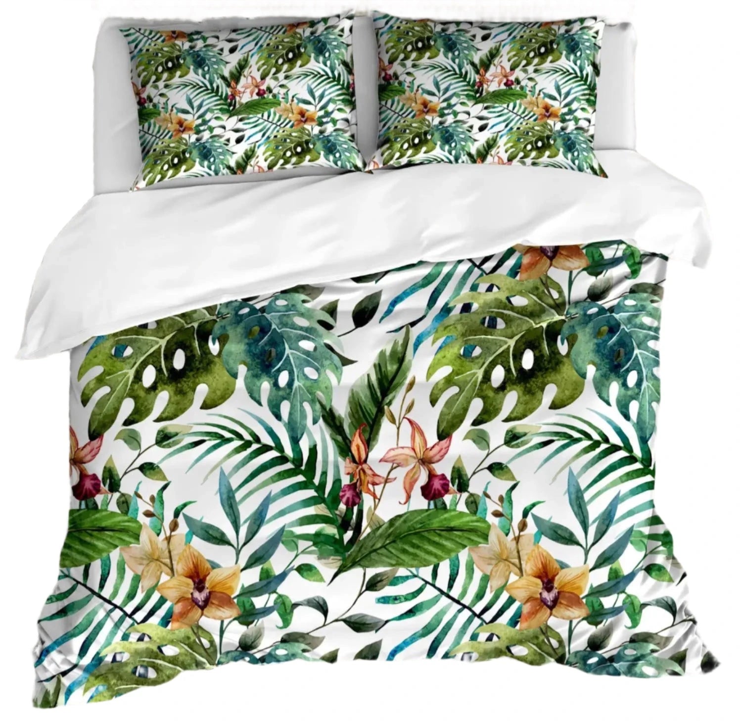 Palm Leaves Comforter Cover Duvet Cover Tropical Leaves Bedding Set Quilt Cover for Men Women, White 3 Pcs Queen King Size