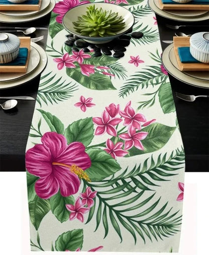 Summer Tropical Floral Leaves Linen Table Runners Wedding Party Decoration Farmhouse Reusable Dining Table Runners Table Decor