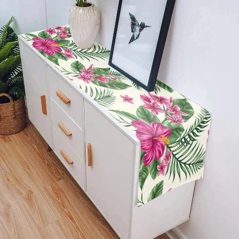 Summer Tropical Floral Leaves Linen Table Runners Wedding Party Decoration Farmhouse Reusable Dining Table Runners Table Decor