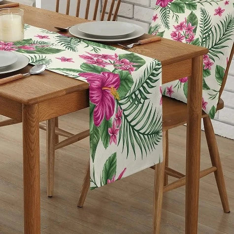 Summer Tropical Floral Leaves Linen Table Runners Wedding Party Decoration Farmhouse Reusable Dining Table Runners Table Decor