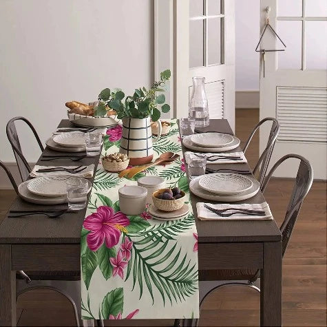 Summer Tropical Floral Leaves Linen Table Runners Wedding Party Decoration Farmhouse Reusable Dining Table Runners Table Decor