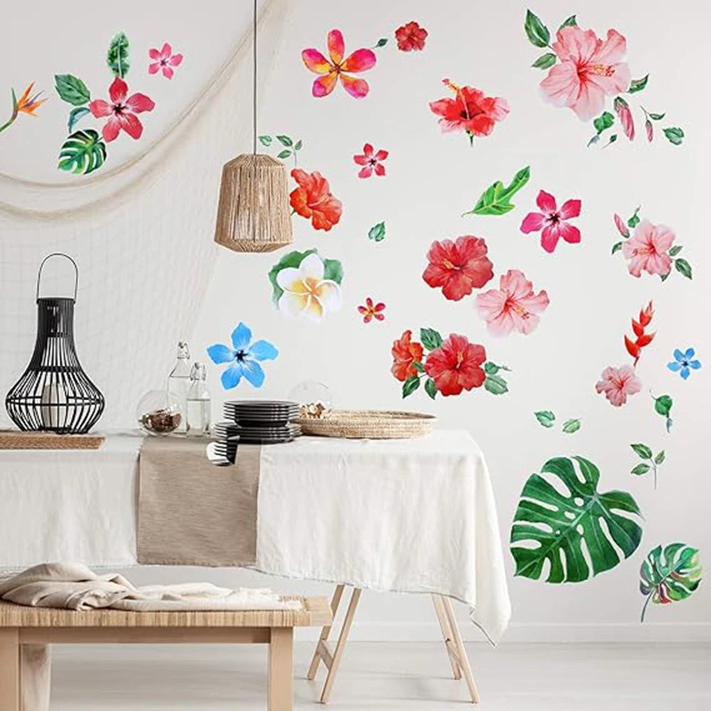 Tropical Hibiscus Flower Palm Leaves Wall Sticker Living Room Bedroom Plants Fresh Leaves Wall Decal Bathroom Office Nursery