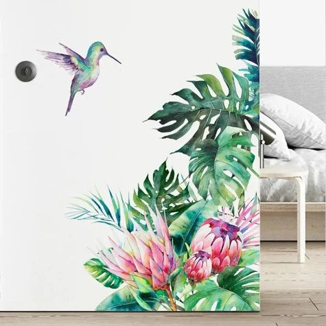 KOLIBRI STICKER - Tropical Plant Leaf Flower Bird Self-Adhesive Wall Sticker Living Room Background Decal Decor Наклейка На Стену