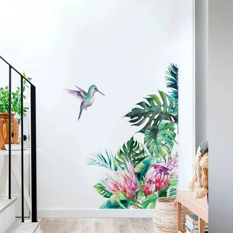 Tropical Plant Leaf Flower Bird Self-Adhesive Wall Sticker Living Room Background Decal Decor Наклейка На Стену