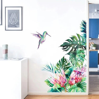 Tropical Plant Leaf Flower Bird Self-Adhesive Wall Sticker Living Room Background Decal Decor Наклейка На Стену