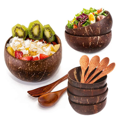 Natural Coconut Bowl and Wooden Spoon Cutlery Coconut Set for Smoothie Bowls, Acai Bowl, Buddha Bowls Kitchen Coconut Salad Bowl