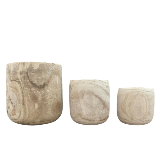 Pot - Light Brown Wood Pia Pot - Set of 3